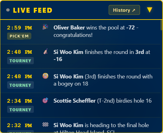 Live feed of pick'em and tournament events