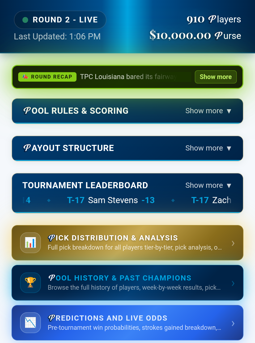 Pick'em Management home screen showing rules, payouts, leaderboard, pick distribution, and pick'em history all in one view